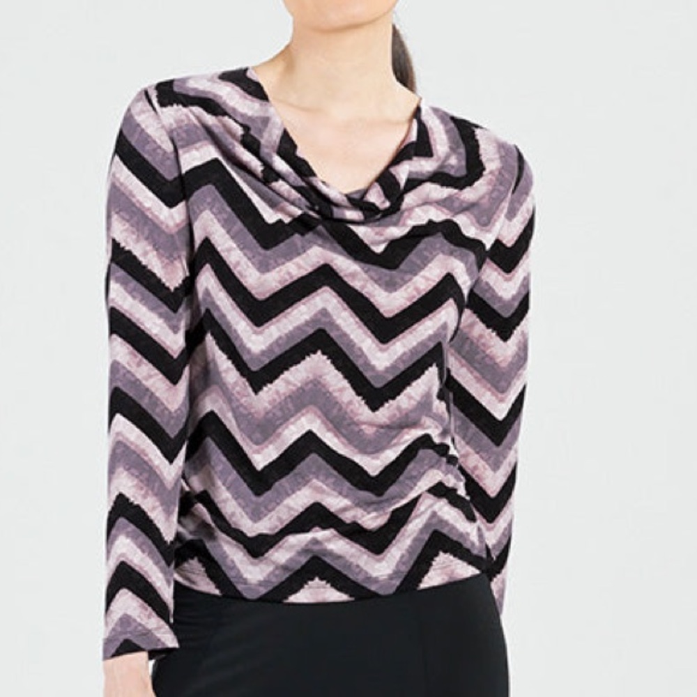 CLARA SUNWOO Chevron Cowl Neck Side Ruched Top-Black/Mauve/Taupe-Women Small